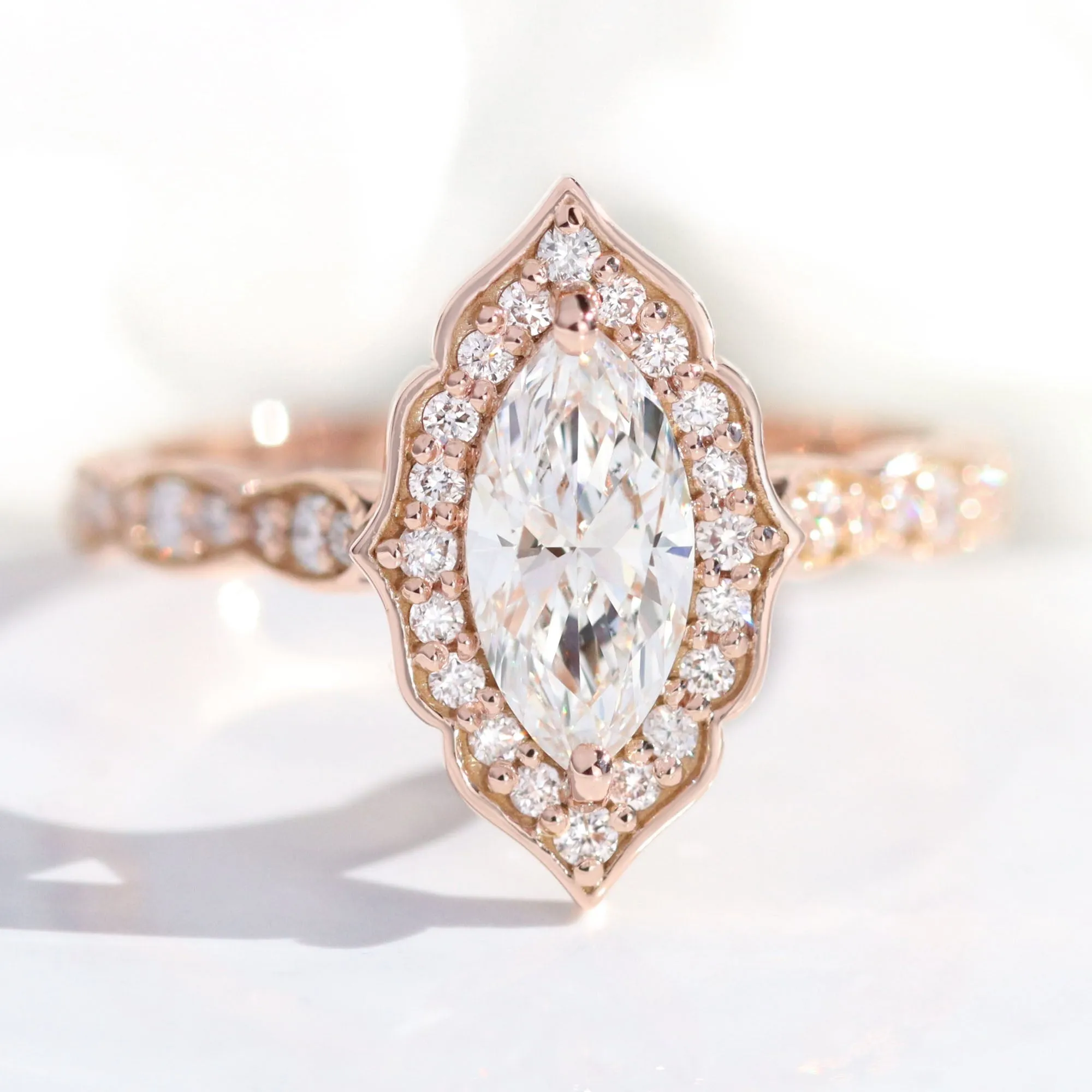 Marquise Diamond Vintage Halo Ring w/ Lab Diamond and Matching Wedding Band