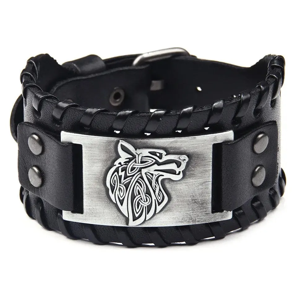 Marshal Men's Genuine Leather Bracelet Hip Hop Hand Jewelry Vintage Handmade Braided Wolf Punk Leather Bracelet