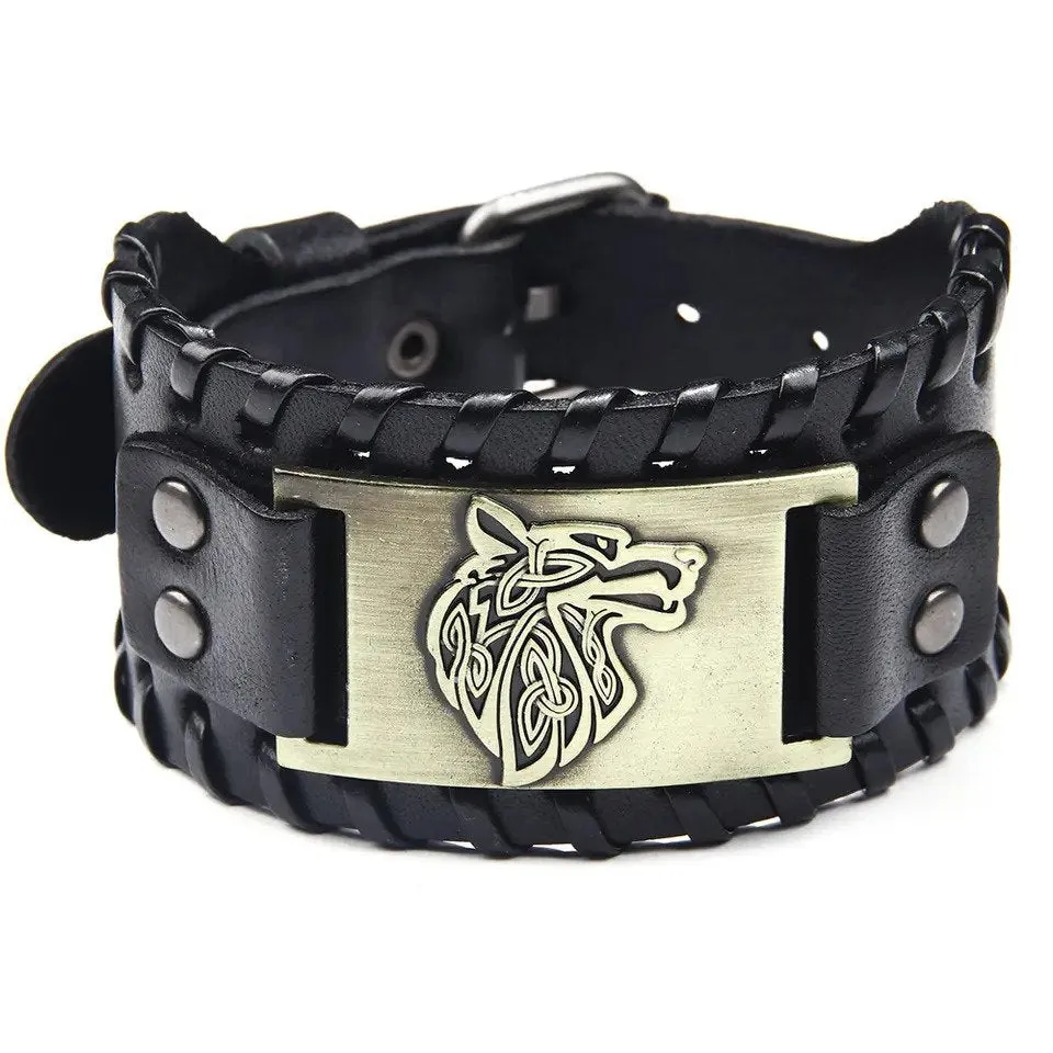 Marshal Men's Genuine Leather Bracelet Hip Hop Hand Jewelry Vintage Handmade Braided Wolf Punk Leather Bracelet