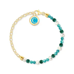 Member Charm Bracelet with White Pearls, Malachite & Charmista Disc - Gold Plated