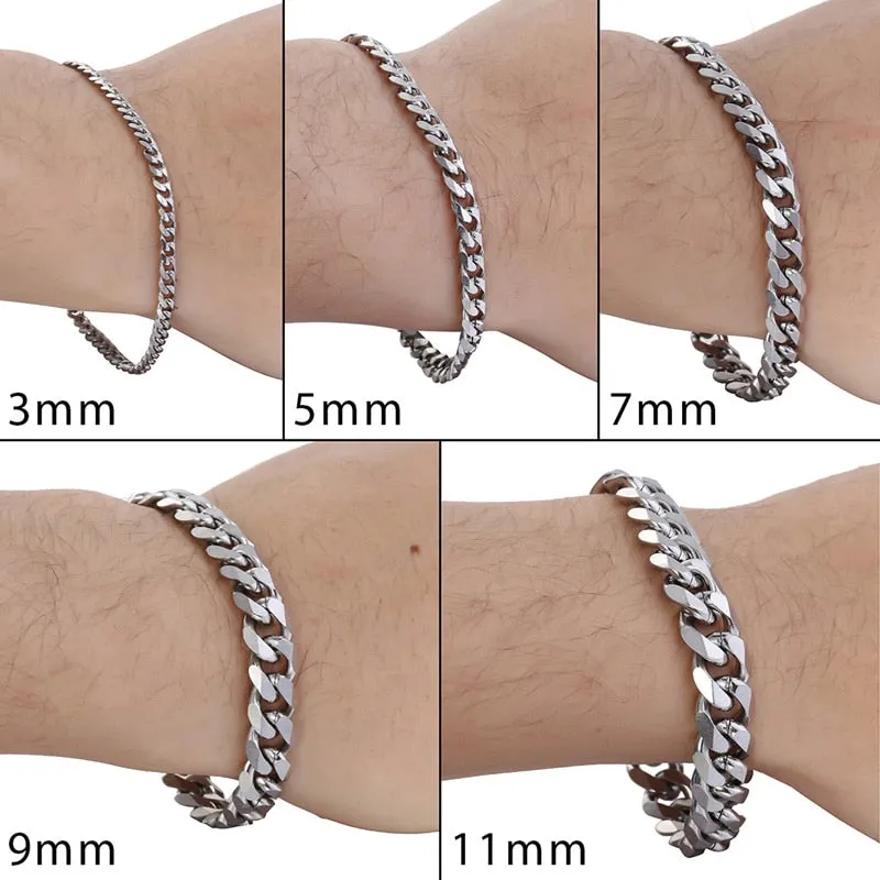 Men's Bracelet Stainless Steel Curb Cuban Link Chain Black Gold Silver