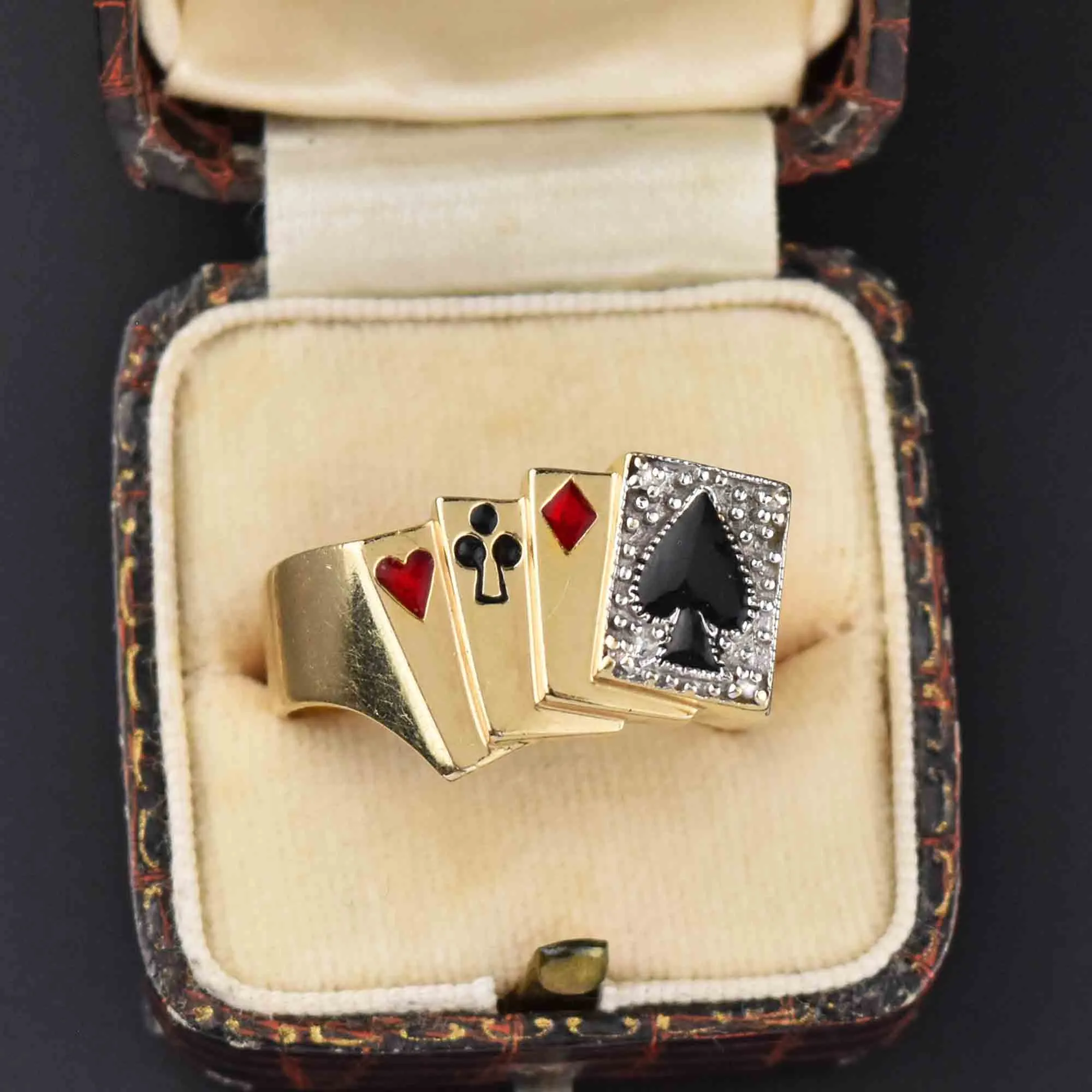 Mens Gold Enamel Diamond Poker Signet Ring, Sz 10