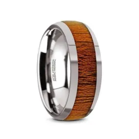 Men's Round Mahogany Wood Inlaid Tungsten Wedding Ring Polish Finish - 8mm