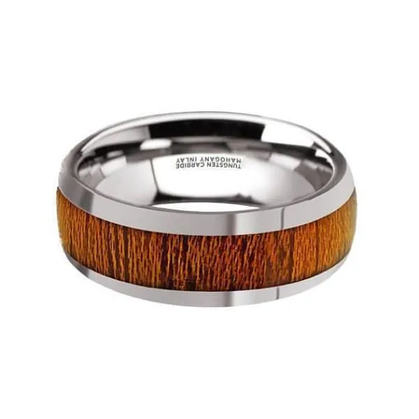 Men's Round Mahogany Wood Inlaid Tungsten Wedding Ring Polish Finish - 8mm