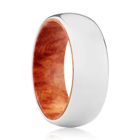 MEPHISTO | Red Burl Wood, Silver Tungsten Ring, Shiny, Domed