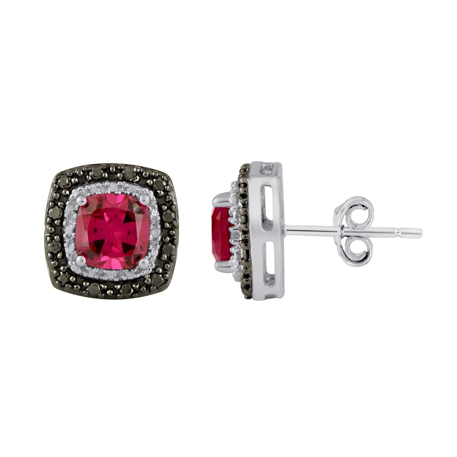 Mirage Created Ruby and Black Diamond Set Stud Earrings in Sterling Silver