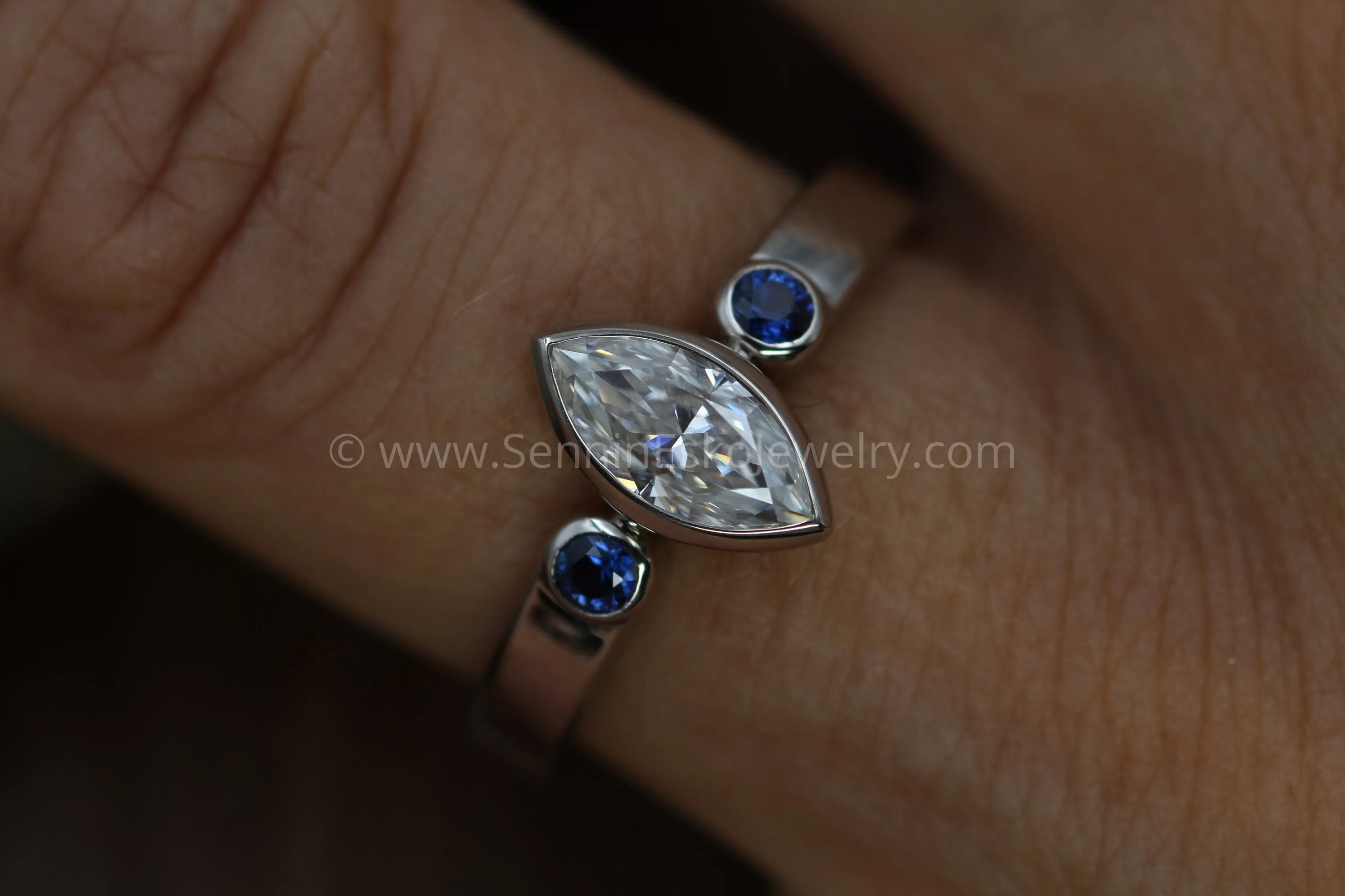 Moissanite Marquise and Dark Blue Sapphire  Palladium White Gold Vintage Inspired Engagement Ring - Hand Made - Nickel Free