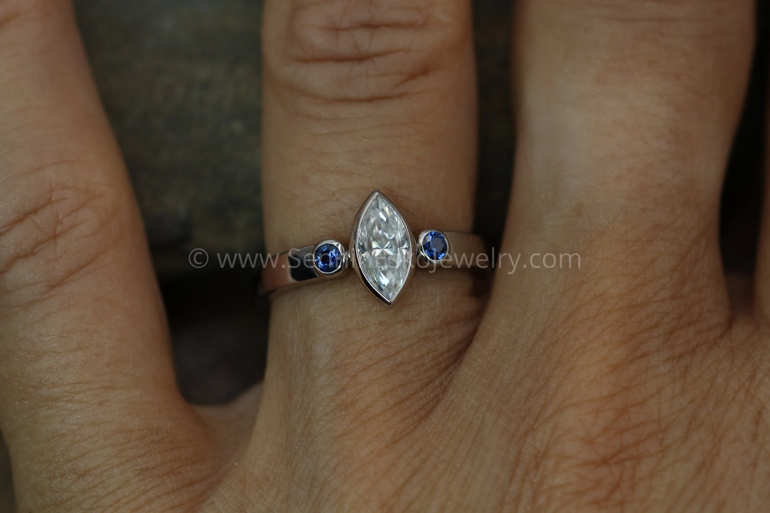 Moissanite Marquise and Dark Blue Sapphire  Palladium White Gold Vintage Inspired Engagement Ring - Hand Made - Nickel Free