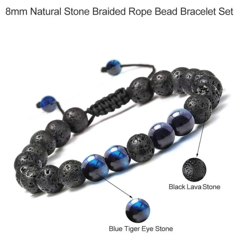 Natural Bead Bracelet  8mm Gem Semi Precious Stone Round Bead Black Lava Rock and Blue Tiger's Eye Beads Bracelet  Men Women Stress Relief Yoga Beads  Bracelet Energy Stone Bracelet