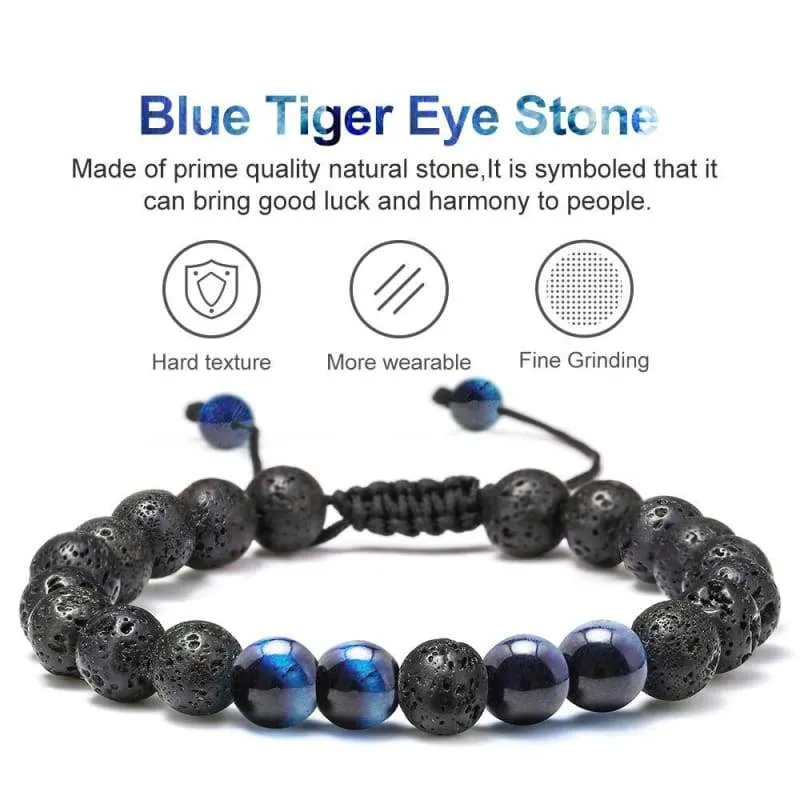 Natural Bead Bracelet  8mm Gem Semi Precious Stone Round Bead Black Lava Rock and Blue Tiger's Eye Beads Bracelet  Men Women Stress Relief Yoga Beads  Bracelet Energy Stone Bracelet