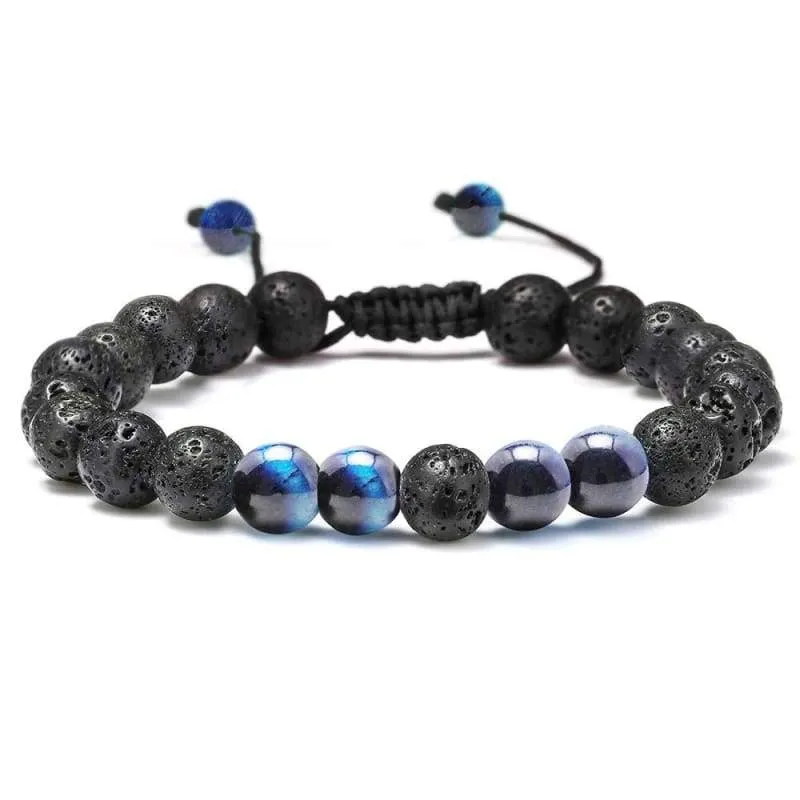 Natural Bead Bracelet  8mm Gem Semi Precious Stone Round Bead Black Lava Rock and Blue Tiger's Eye Beads Bracelet  Men Women Stress Relief Yoga Beads  Bracelet Energy Stone Bracelet