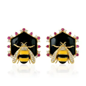 Natural Diamond Stud Earrings 18k Yellow Gold Ruby Jewelry