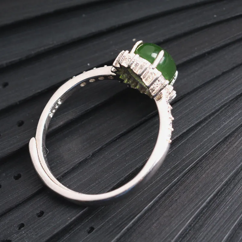 Natural Jade Ring Nephrite Silver Zircon Adjustable Ring ZNRG141