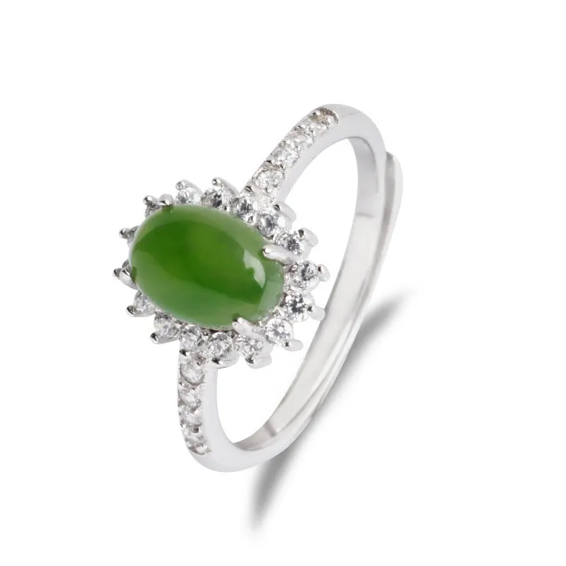 Natural Jade Ring Nephrite Silver Zircon Adjustable Ring ZNRG141