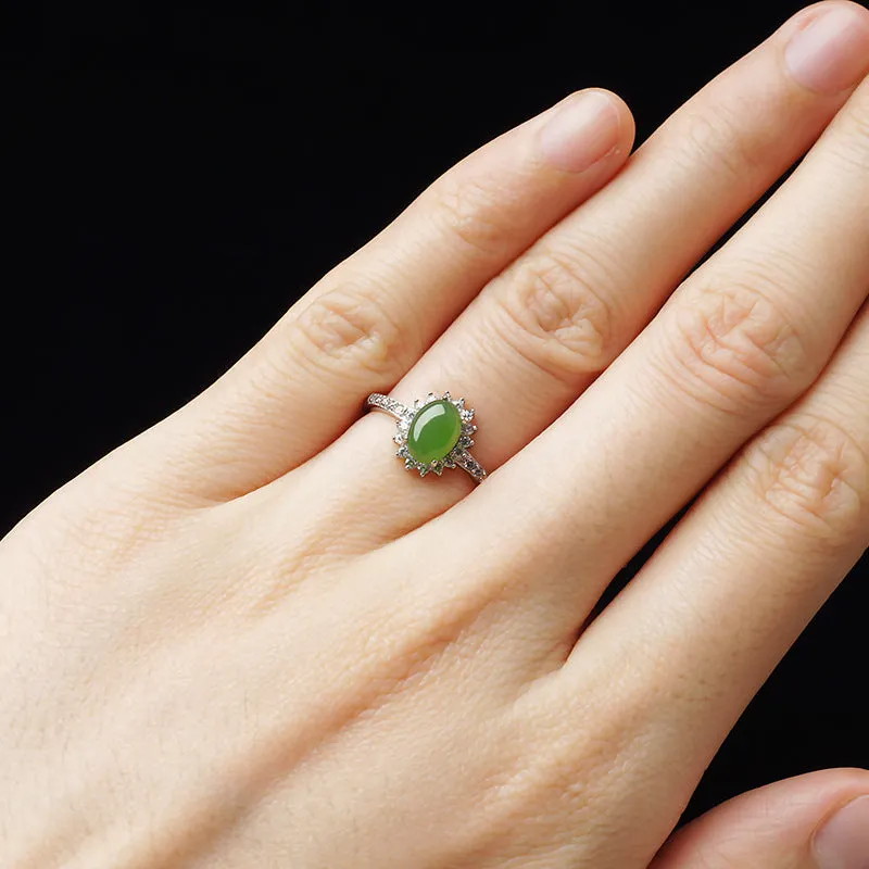 Natural Jade Ring Nephrite Silver Zircon Adjustable Ring ZNRG141