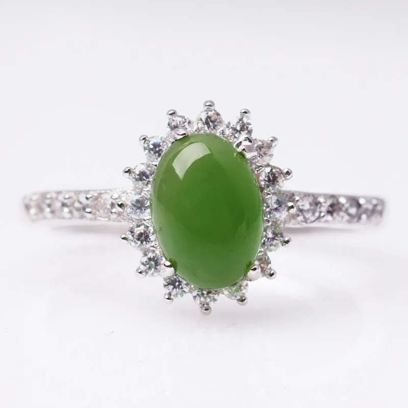 Natural Jade Ring Nephrite Silver Zircon Adjustable Ring ZNRG141