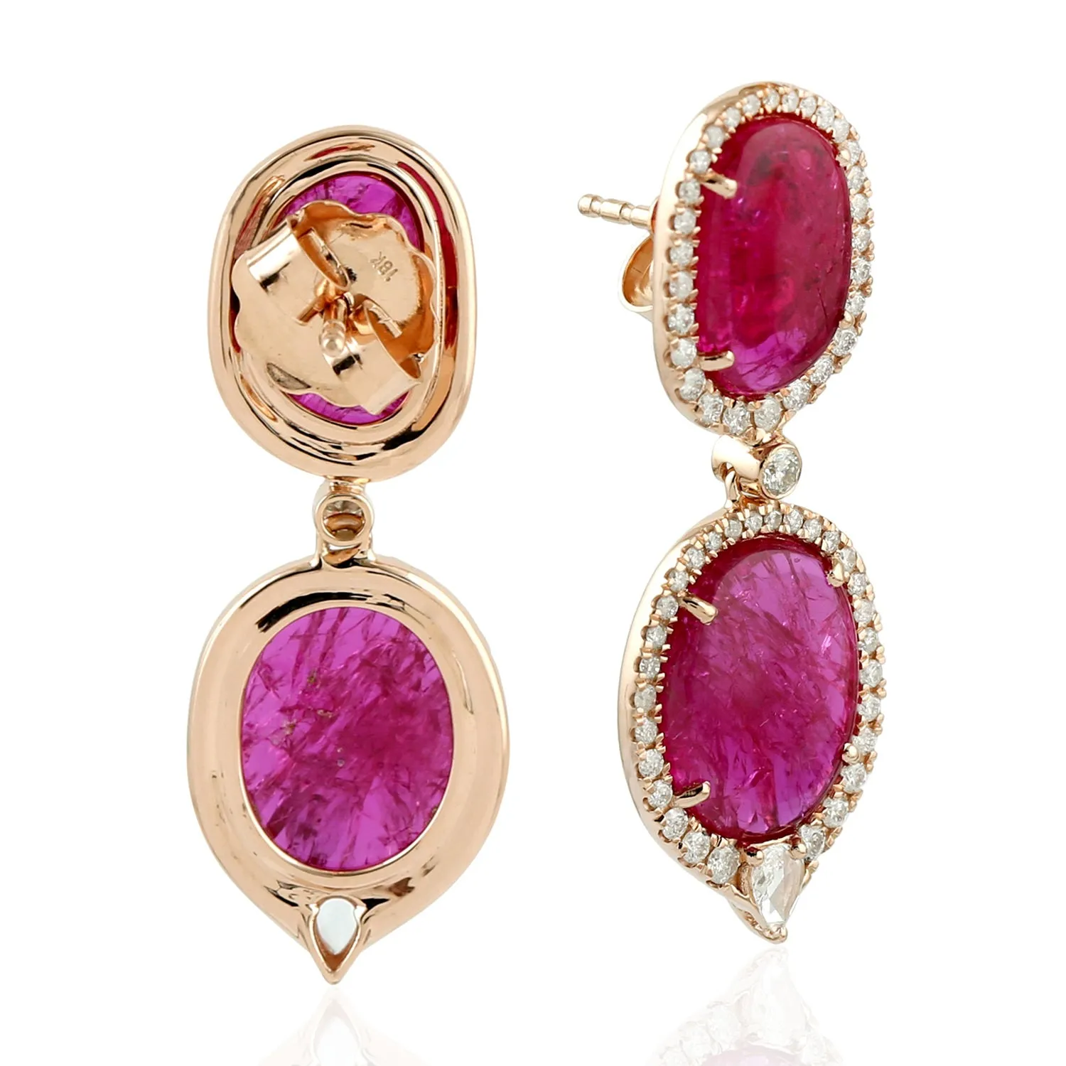 Natural Oval Slice Ruby Pave Diamond 18K Rose Gold Dangle Earrings Jewelry For Women