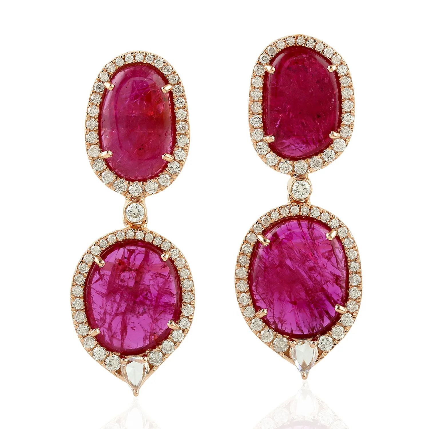 Natural Oval Slice Ruby Pave Diamond 18K Rose Gold Dangle Earrings Jewelry For Women