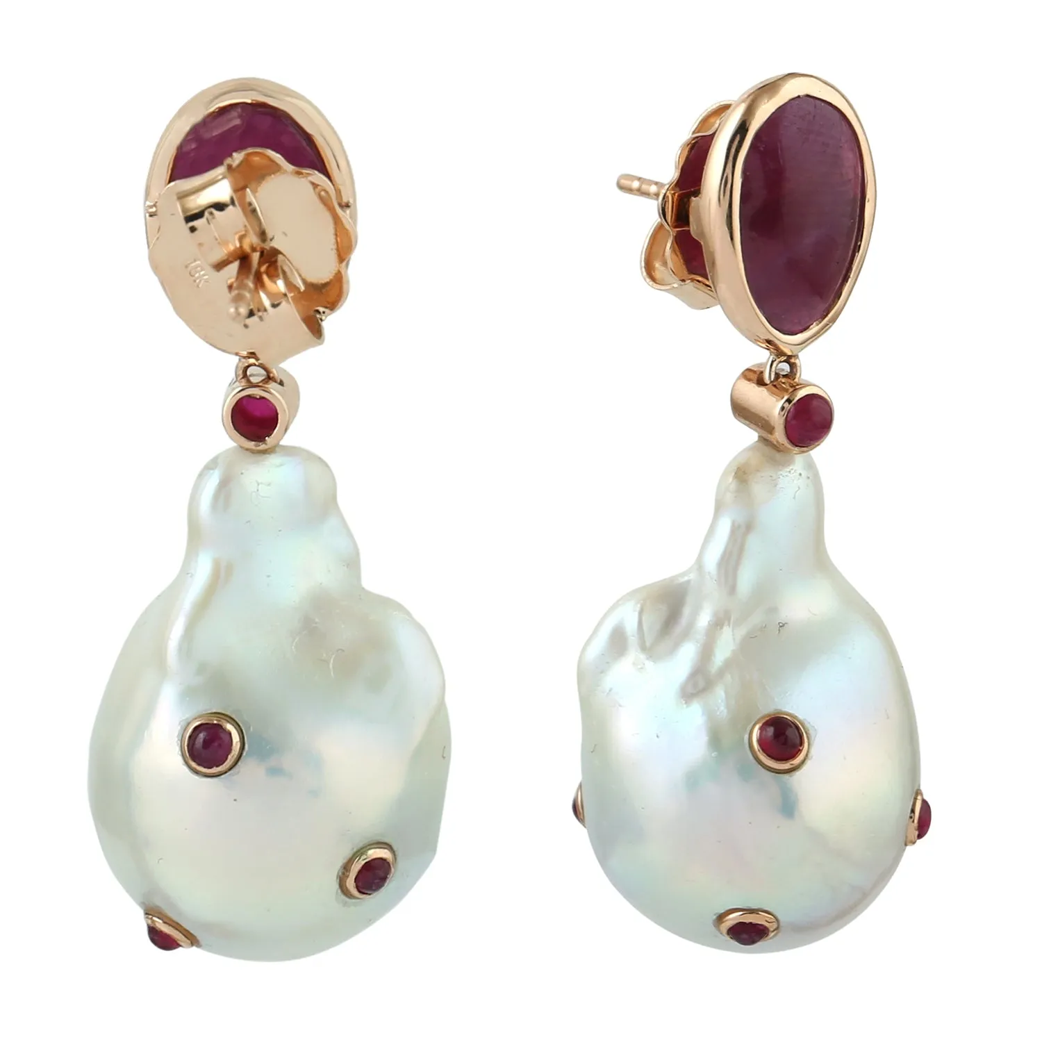 Natural Pearl Drop/Dangle Earrings 18K Rose Gold Ruby Jewelry