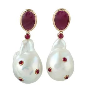 Natural Pearl Drop/Dangle Earrings 18K Rose Gold Ruby Jewelry