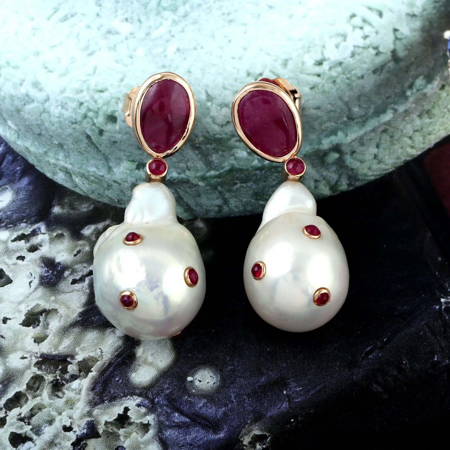 Natural Pearl Drop/Dangle Earrings 18K Rose Gold Ruby Jewelry