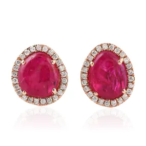 Natural Slice Ruby Prong Diamond July Birthstone Stud Earrings 18K Rose Gold Jewelry