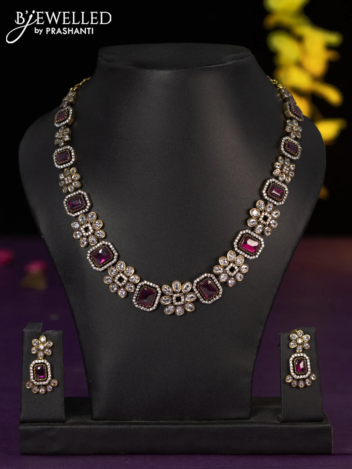 Necklace with ruby and cz stones in victorian finish