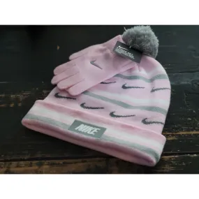 Nike Kids Pink/White Mono 2 pcs Beanie Hat Glove Set  Unisex OS