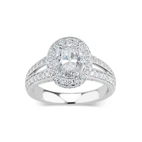 Oval Halo Diamond Engagement Ring with Split Shank and Milgrain Detail