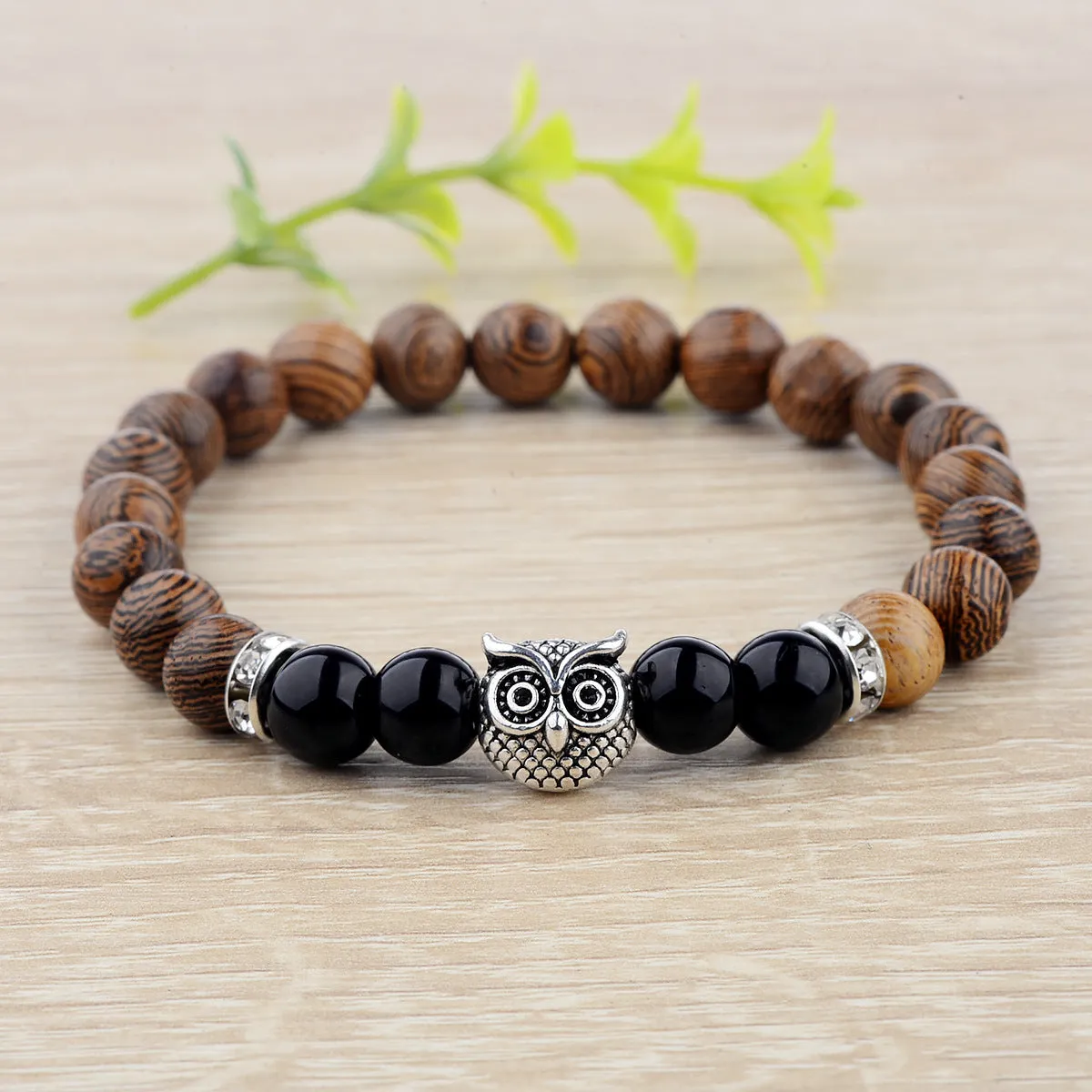 Owl frosted stone lifeline wood grain bracelet jewelry Gift Lucky Alloy Stone