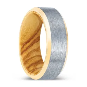 PEACHPAW | Olive Wood, Brushed, Silver Tungsten Ring, Gold Beveled Edges