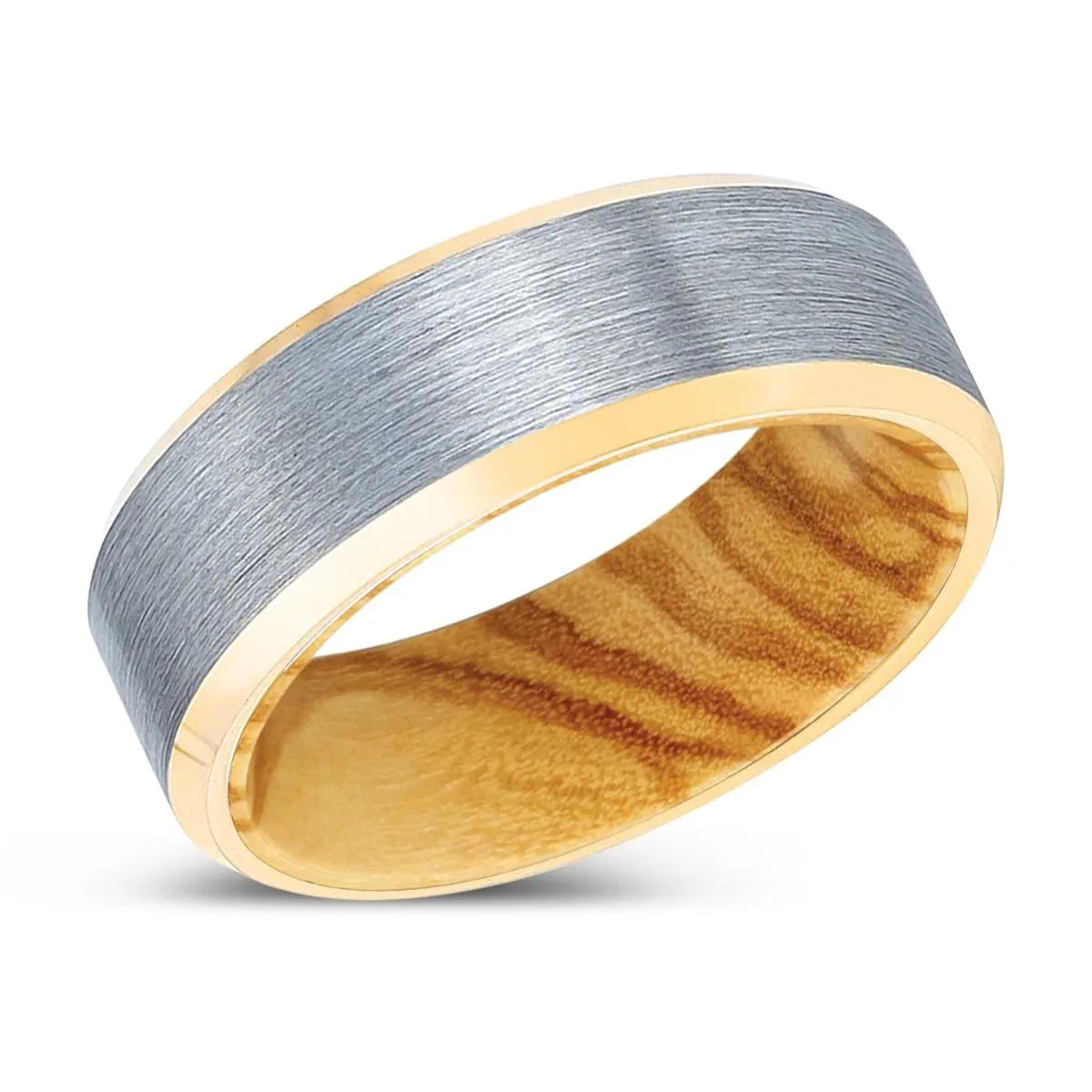 PEACHPAW | Olive Wood, Brushed, Silver Tungsten Ring, Gold Beveled Edges