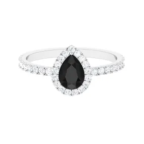 Pear Cut Black Spinel Solitaire Ring with Diamond Accent