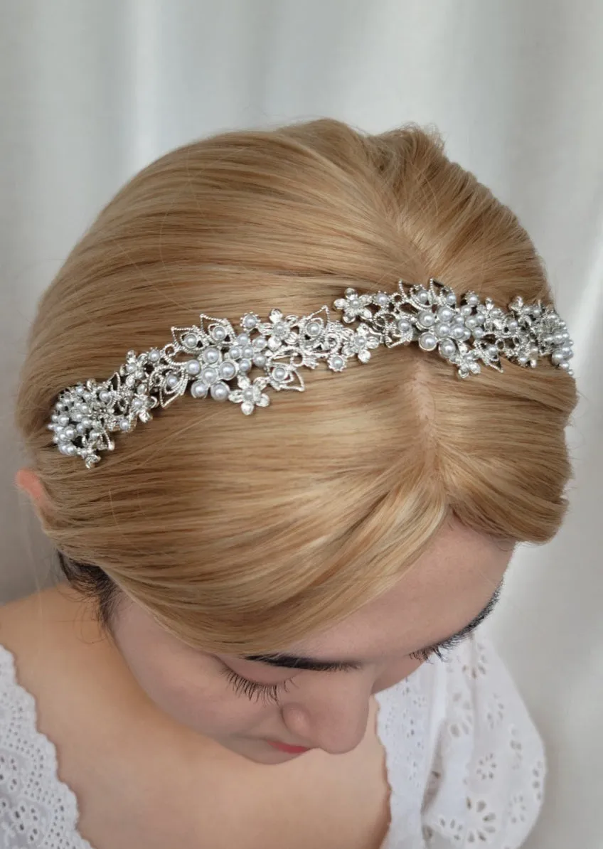 pearl petal metal thin headband flower event hair accessory for women