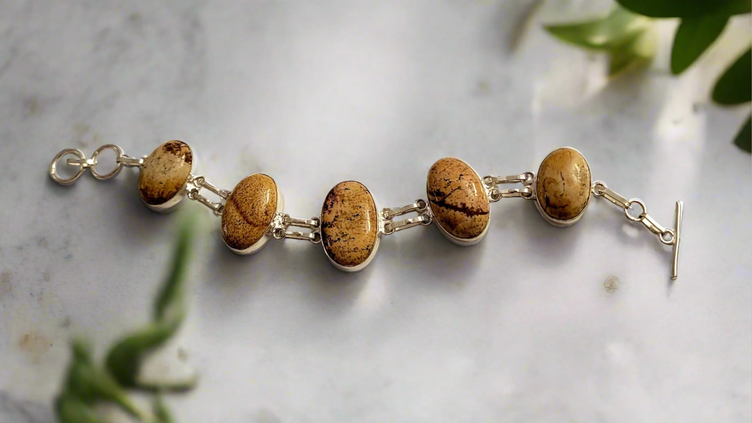 Picture Jasper Oval Links Sterling Silver Double Link Bracelet