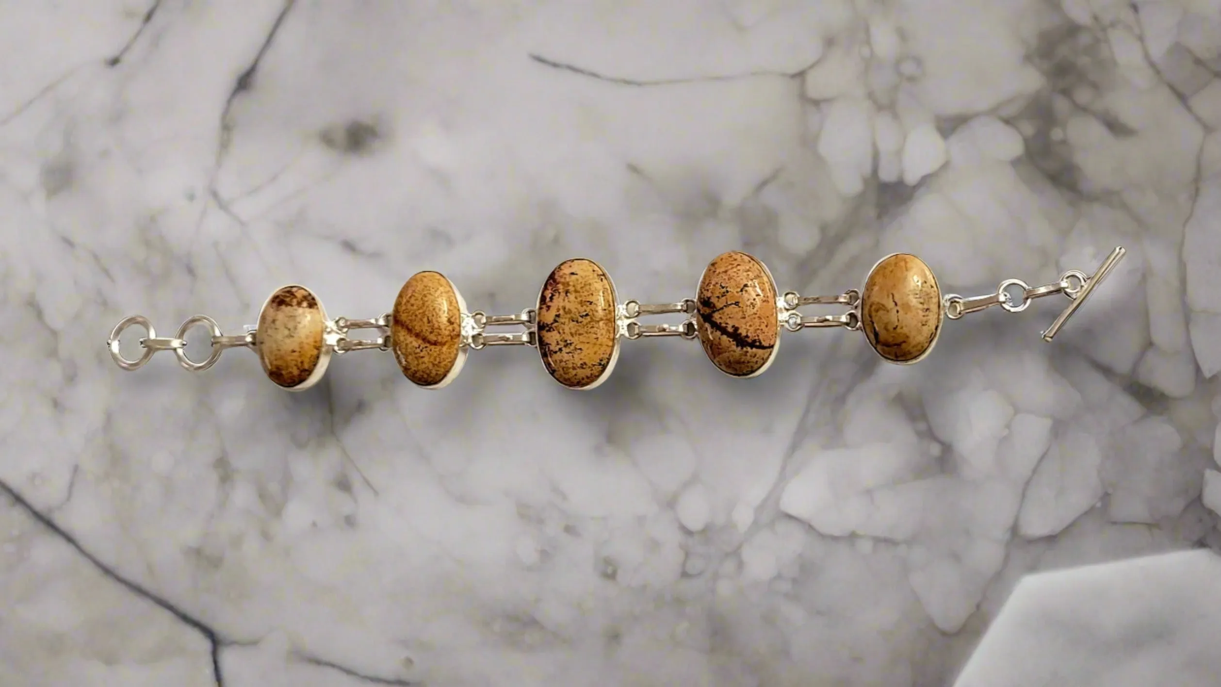 Picture Jasper Oval Links Sterling Silver Double Link Bracelet