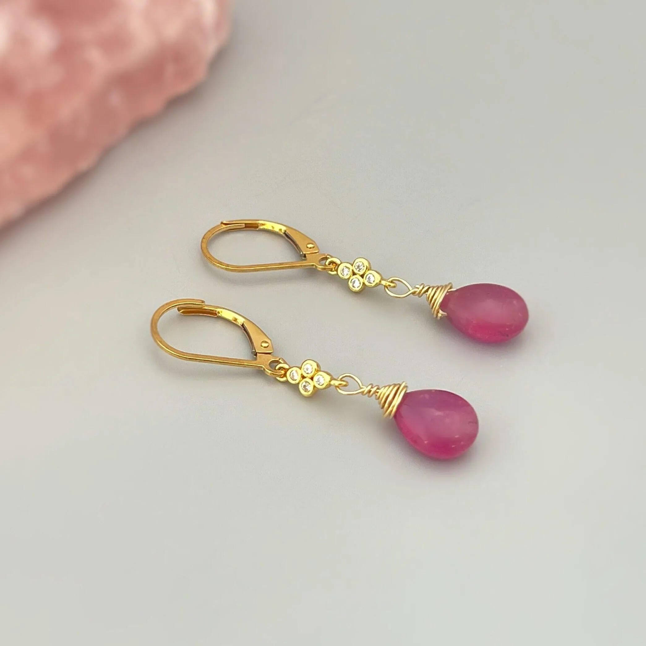 Pink Sapphire earrings dangle 14k Gold, Rose Gold, Sterling Silver