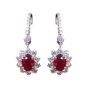 Platinum Ruby and Diamond Halo Drop Earrings