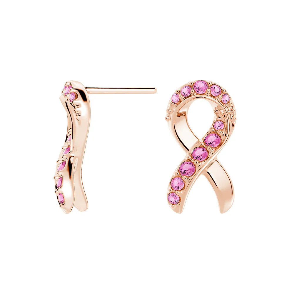 "Faith Over Fear" Ribbon Earrings In Rose Gold With Pavé Pink Sapphires