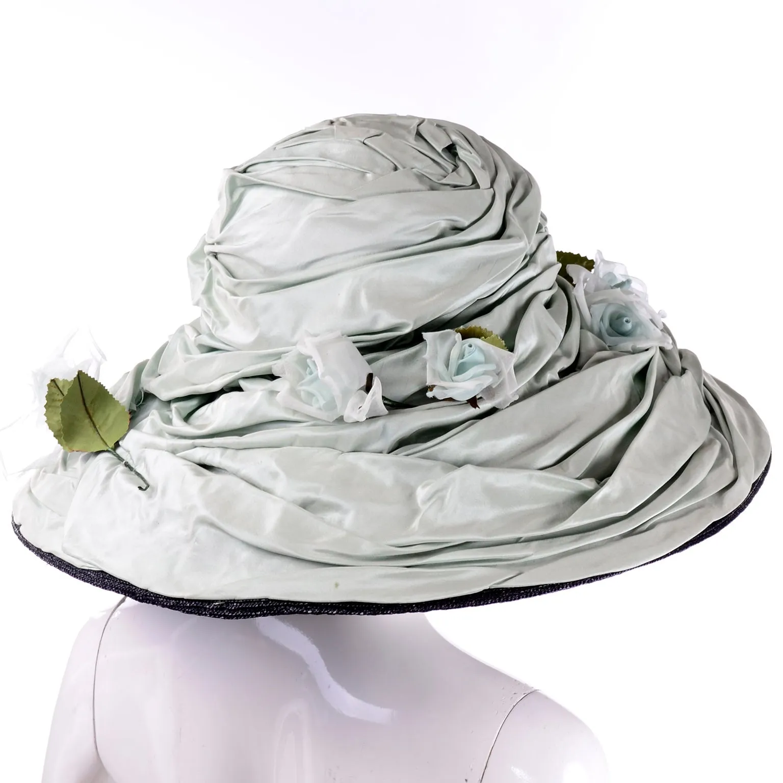 Rachel Trevor Morgan London Wide Brim Sage Green Silk Hat W/ Flowers