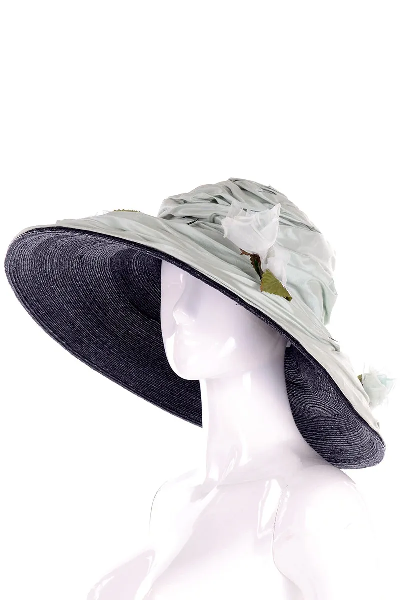 Rachel Trevor Morgan London Wide Brim Sage Green Silk Hat W/ Flowers