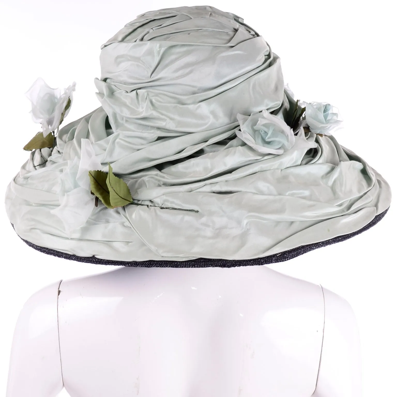 Rachel Trevor Morgan London Wide Brim Sage Green Silk Hat W/ Flowers