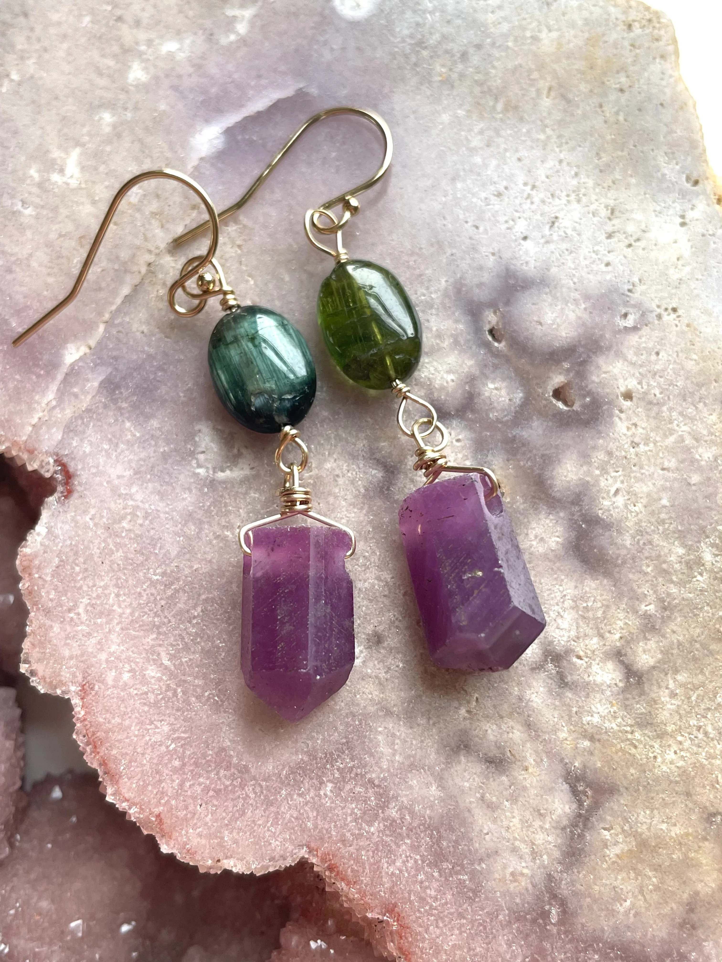 Raw Crystal Earrings Dangle Gold Ruby and Green Tourmaline