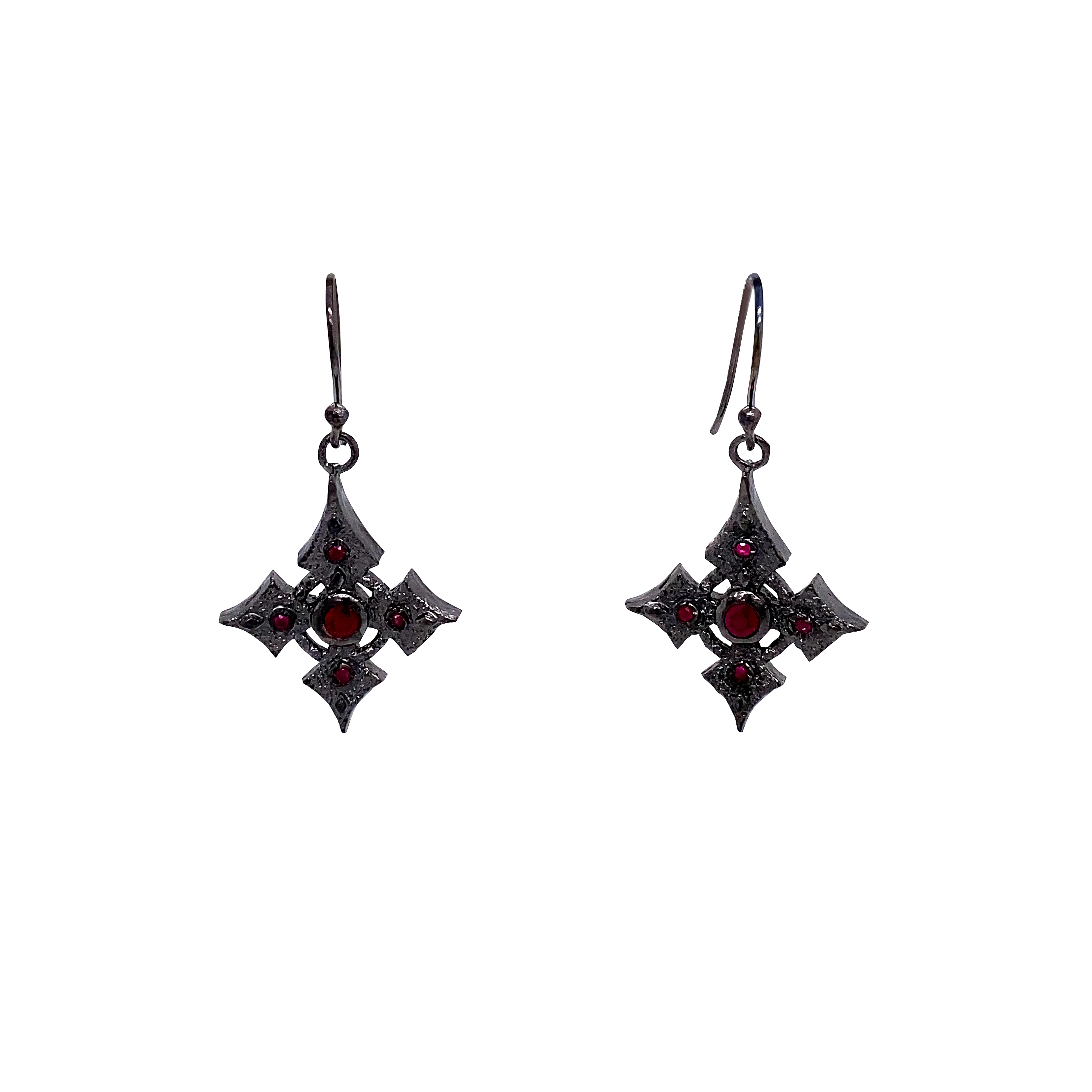 Raw Diamond Collection - Silver and Black Rhodium Cross Earrings - Ruby