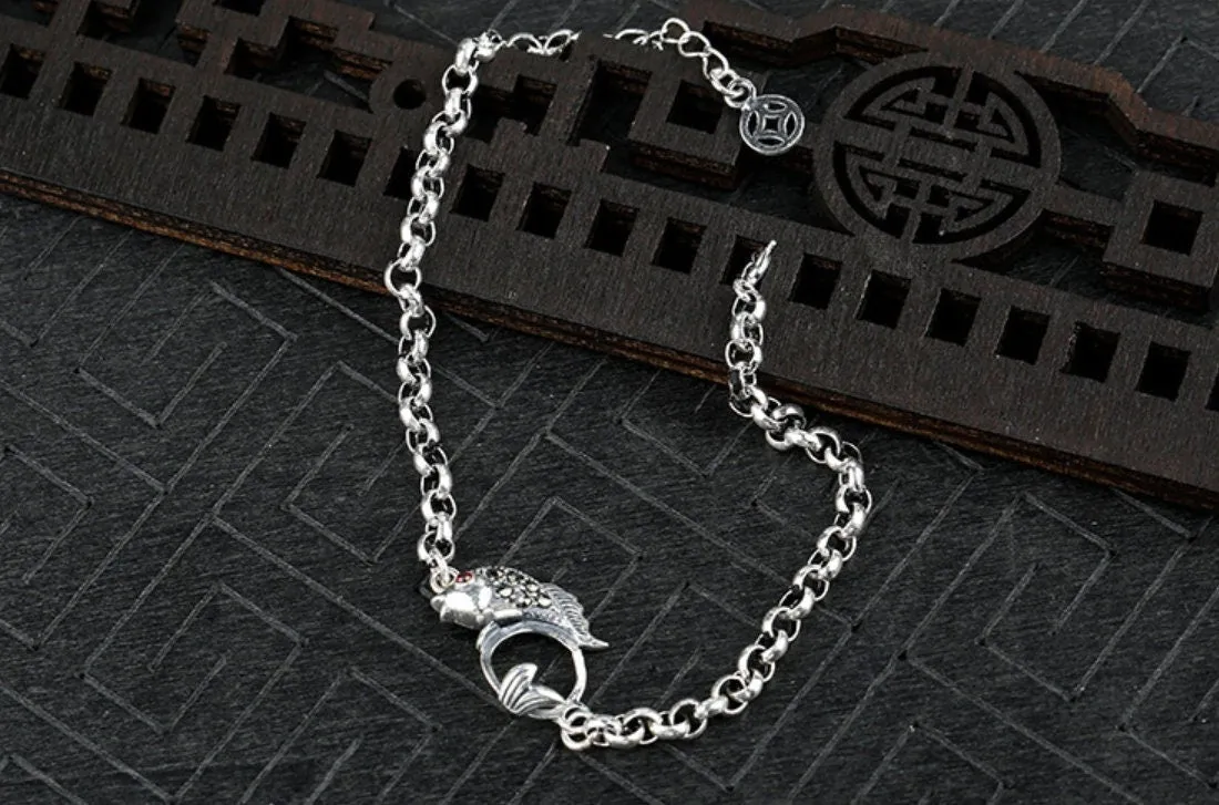 Retro Fish Round Base Chain Bangle Mount Bracelet Setting Sterling Silver Fine 925 9x9mm For One Stone Bead No Prongs DIY Jewelry Wholesale