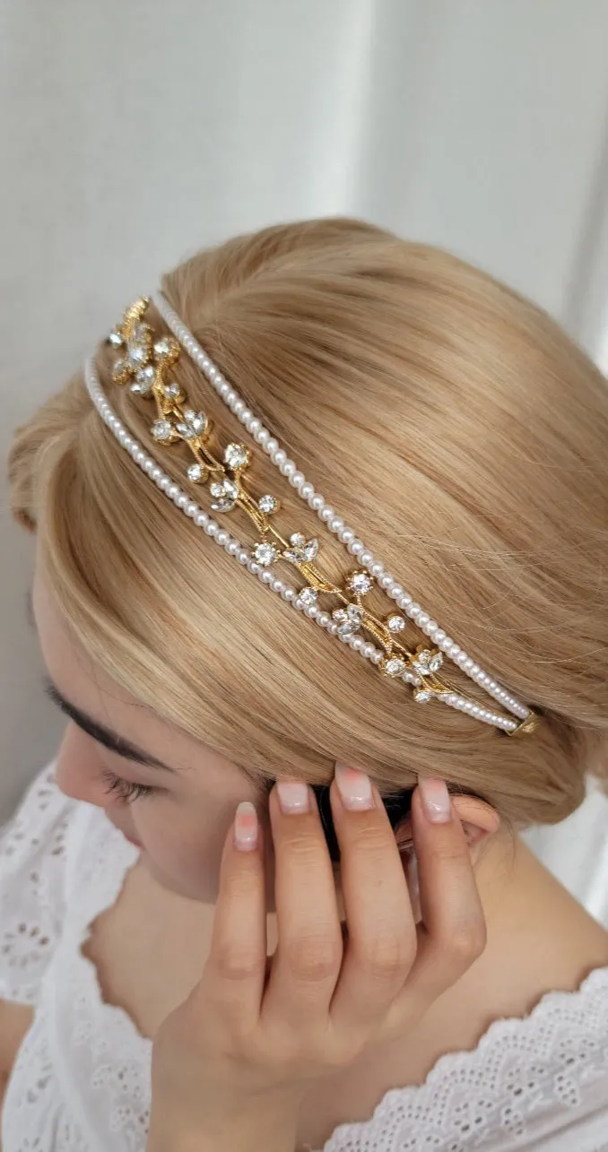 rhinestone flower branch triple headband pearl hairband for women