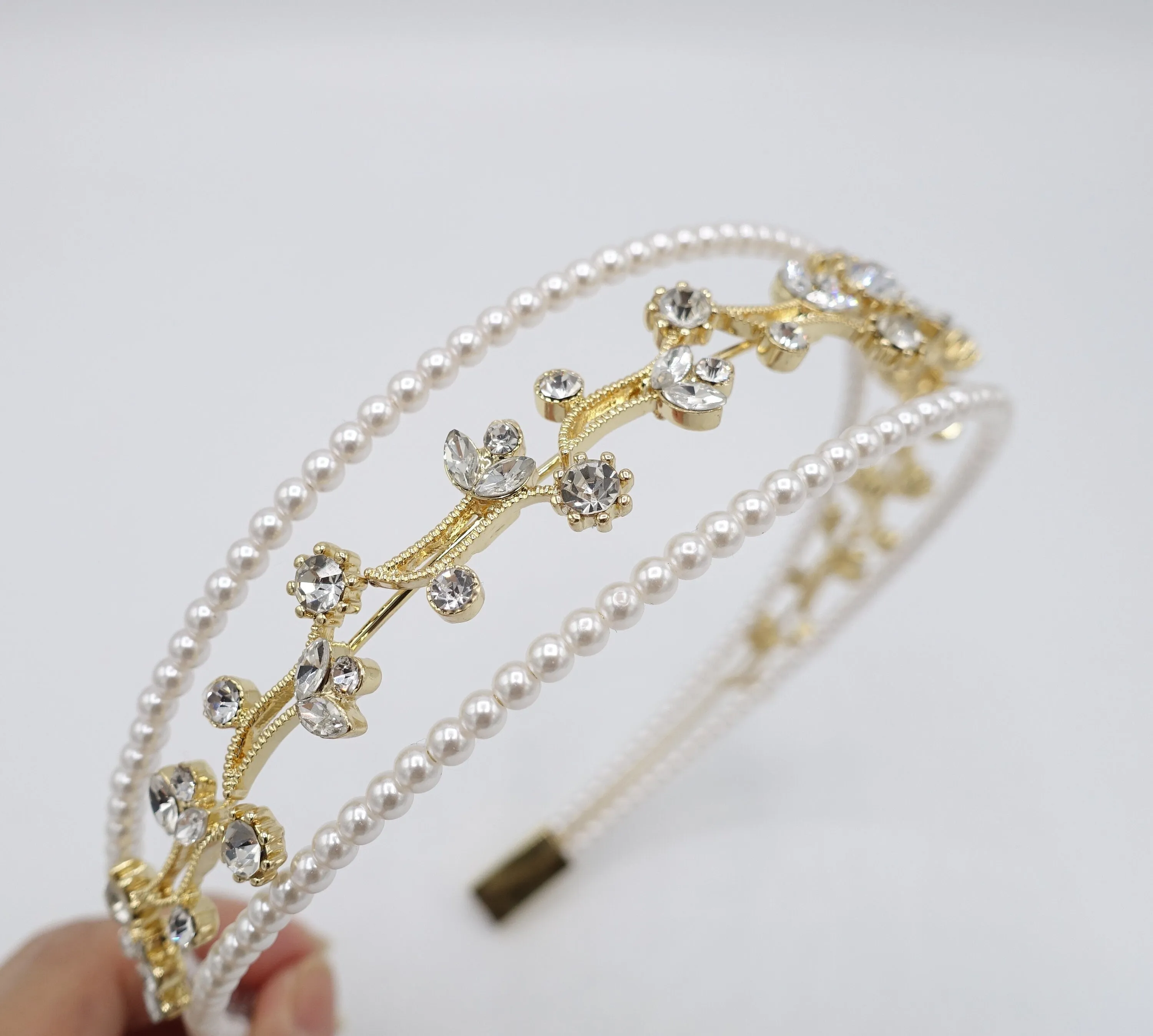 rhinestone flower branch triple headband pearl hairband for women