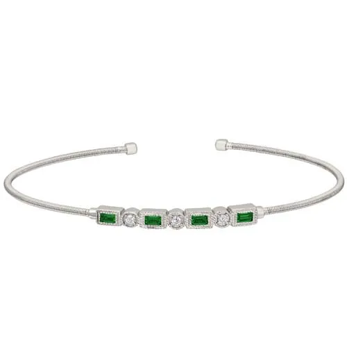 Rhodium Finish Sterling Silver Cable Cuff Bracelet with Simulated Emeralds and Simulated Diamonds