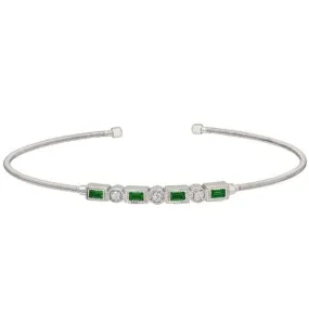 Rhodium Finish Sterling Silver Cable Cuff Bracelet with Simulated Emeralds and Simulated Diamonds