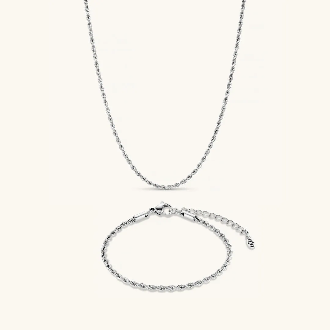 Rope Necklace & Bracelet Set in Silver